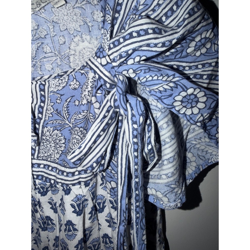 C&C California Blue White Floral Linen Blend Tassel Tie Shift Dress Womens Med - Picture 6 of 6